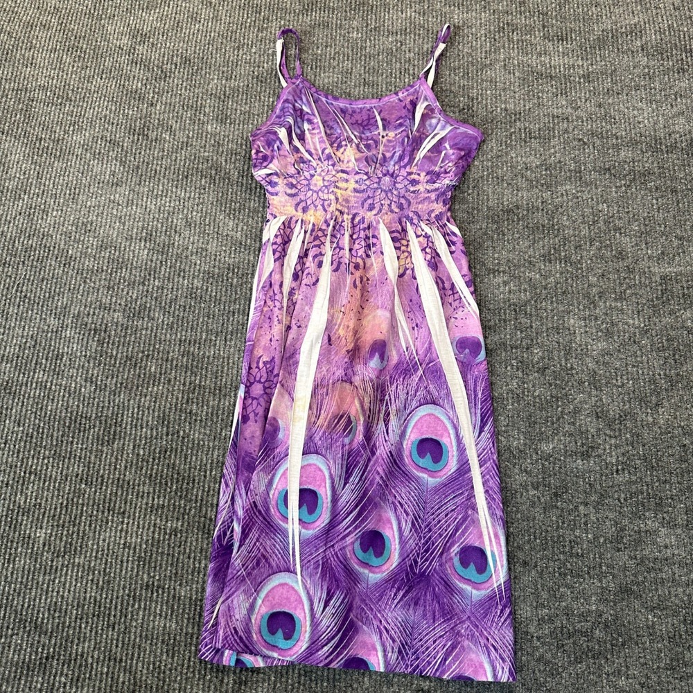 StyleWorks Peacock Feather Print Sundress Small Purple Smocked Waist Strappy
